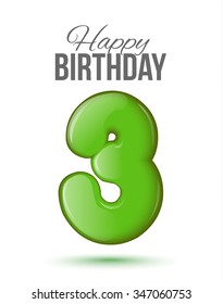 third birthday. Green number three. Postcard 3 birthday. Greeting card. Volume number three. 3D numbers. Invitation card to the party on a white background. Suitable for printing, web delivery