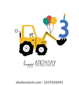 Third birthday. Hand drawn happy birthday card with cute cartoon car tractor with balls, candle and lettering Happy Birthday. Vector illustration. Baby boy greeting card for 3rd birthday