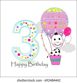 Third birthday with hot air balloon and zebra. Happy birthday greeting card