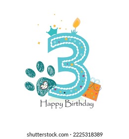 Tercer cumpleaños tres tarjetas de felicitación de velas con huellas de garras de doodle. Tarjeta de bienvenida de cumpleaños
