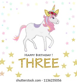 Third birthday. Three. Unicorn Birthday invitation. Party invitation greeting card