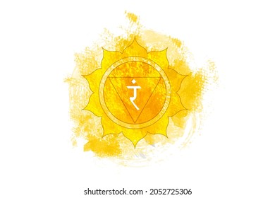 Third chakra Manipura  solar plexus chakra logo template in watercolor style  TRANSLATION: PEACE  Yellow mandala  Spiritual meditation element vector illustration isolated white background 