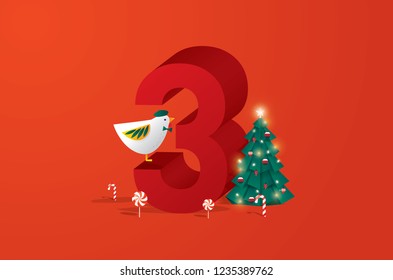 the third day of christmas of the twelve days of Christmas/advent calendar greetings template vector/illustration