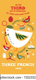 third day of christmas from the twelve days of christmas greetings template vector/illustration