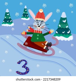 Third day of the New Year's advent calendar. A cute bunny is sledding. Vector cartoon illustration.