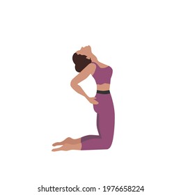 The third exercise of the Tibetan gymnastics complex. The woman, on her knees, throws her head back and leans back, inhaling. Vector illustration of healthy gymnastics for yoga studios.