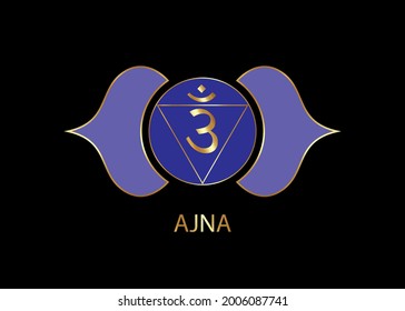 Third eye chakra Ajna logo template. The sixth frontal chakra, sacral gold sign meditation, yoga blue and purple round mandala icon vector isolated on black background 