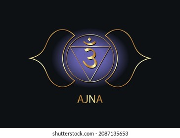 Third eye chakra Ajna logo template. The sixth frontal chakra, sacral gold sign meditation, yoga blue and purple round mandala icon vector isolated on black background