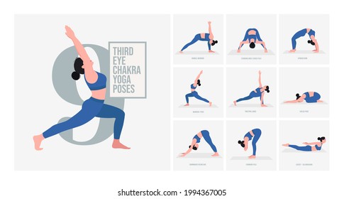 Third Eye Chakra Yoga poses. Young woman practicing Yoga pose. Woman workout fitness, aerobic and exercises. Vector Illustration.