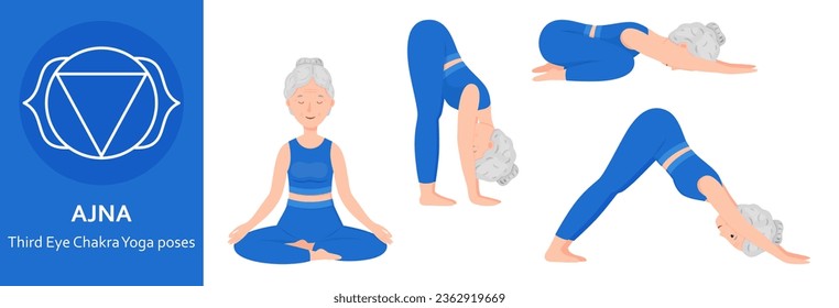 Third Eye Chakra Yoga poses. Elderly woman practicing Ajna Chakra Yoga asana. Healthy lifestyle. Flat cartoon character. Vector illustration