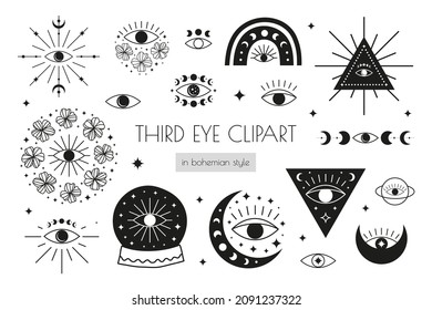 Third eye clipart isolated on white background. Bohemian illustration. Eye of God, moon phases, crescent, wildflowers, rainbow, witch ball. Alchemy esoteric talismans. Occult symbols.