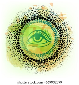 Third eye with dots mandala handcrafted line art Boho chic style. Best for and meditation relax poster and fashion sacred design. Watercolor, chalk, pastels, pencils texture. T-shirt trend. Vector