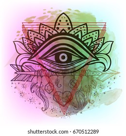 Third eye with dots mandala handcrafted line art Boho chic style. Best for and meditation relax poster and fashion sacred design. Watercolor, chalk, pastels, pencils texture. T-shirt trend. Vector