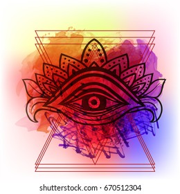 Third eye with dots mandala handcrafted line art Boho chic style. Best for and meditation relax poster and fashion sacred design. Watercolor, chalk, pastels, pencils texture. T-shirt trend. Vector
