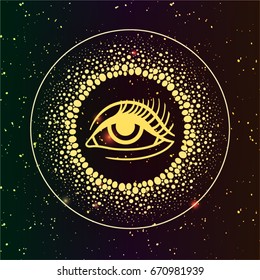 Third eye with dots mandala handcrafted line art Boho chic style. Best for and meditation relax poster and fashion sacred design. Watercolor, chalk, pastels, pencils texture. T-shirt trend. Vector