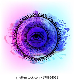 Third eye with dots mandala handcrafted line art Boho chic style. Best for and meditation relax poster and fashion sacred design. Watercolor, chalk, pastels, pencils texture. T-shirt trend. Vector