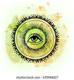 Third eye with dots mandala handcrafted line art Boho chic style. Best for and meditation relax poster and fashion sacred design. Watercolor, chalk, pastels, pencils texture. T-shirt trend. Vector