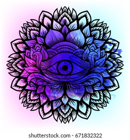 Third eye with dots mandala handcrafted line art Boho chic style. Best for and meditation relax poster and fashion sacred design. Watercolor, chalk, pastels, pencils texture. T-shirt trend. Vector