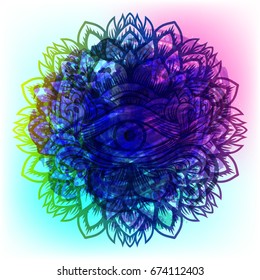 Third eye with dots mandala handcrafted line art Boho chic style. Best for and meditation relax poster and fashion sacred design. Watercolor, chalk, pastels, pencils texture. T-shirt trend. Vector