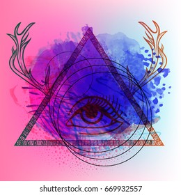 Third eye with dots,horns, triangle pyramid mandala handcrafted line art Boho chic style. Best for fashion sacred design. Watercolor, chalk, pastels, pencils texture. T-shirt trend. Vector