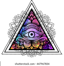 Third eye with floral mandala inside the triangle. Zentangle hand drawing Boho style. For adult coloring book and meditation relax. Watercolor, chalk, pastels, pencils texture. T-shirt design. Vector