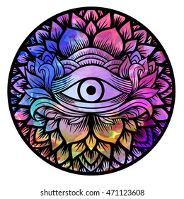 Third eye with floral mandala zentangle hand drawing line art Boho chic style. Best for adult coloring book and meditation relax. Watercolor, chalk, pastels, pencils texture. T-shirt design. Vector