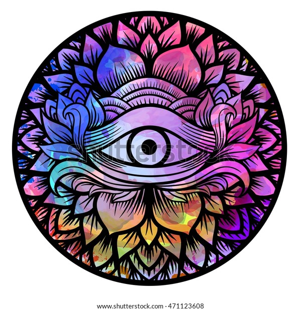 Third eye with floral mandala zentangle hand\
drawing line art Boho chic style. Best for adult coloring book and\
meditation relax. Watercolor, chalk, pastels, pencils texture.\
T-shirt design. Vector