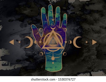 third eye hand esoteric spiritual icon. Sacred pyramid of knowledge, an all-seeing eye. Mystical geometry, signs of the moon phases. Masonic symbol eye inside triple moon pagan Wicca moon goddess icon