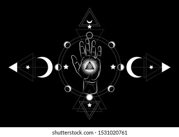 third eye hand esoteric spiritual icon. Sacred pyramid of knowledge, an all-seeing eye. Mystical geometry  the moon phases. Masonic symbol eye inside triple moon pagan Wicca moon goddess icon isolated