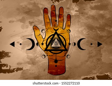 third eye hand esoteric spiritual icon. Sacred pyramid of knowledge, an all-seeing eye. Mystical geometry, signs of the moon phases. Masonic symbol eye inside triple moon  