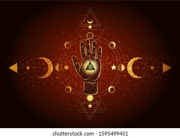 third eye and hand esoteric spiritual icon. Sacred pyramid of knowledge, an all-seeing eye. Mystical geometry, signs of the moon phases. Masonic symbol eye inside triple moon 