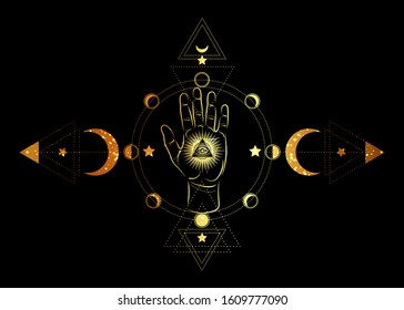 third eye and hand esoteric spiritual icon. Sacred pyramid of knowledge, an all-seeing eye. Mystical geometry, signs of the moon phases. Gold masonic symbol eye inside triple moon, isolate on black