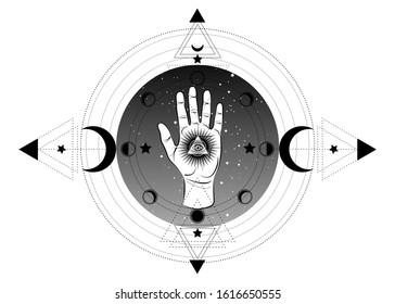 third eye hand esoteric spiritual icon. Sacred pyramid of knowledge, an all-seeing eye. Mystical geometry  the moon phases. Masonic symbol eye inside triple moon pagan Wicca moon goddess icon isolated