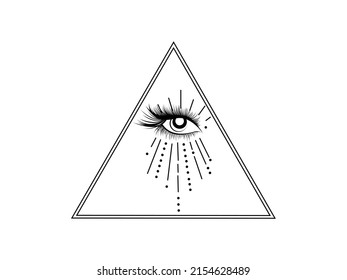 third eye icon vector illustration. evil eyes vision black line symbol. mystic inside triangle pyramid art sign, emblem isolated on white background, for graphic occultism, geometry,logo,tattoo
