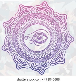 Third eye with mandala. Mystic, alchemy, occult concept.  Boho chic style.