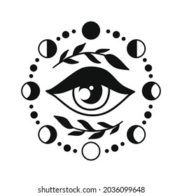 Third eye with moon phases and floral elemetns vector illustration isolated on white background. Mystical symbol with all seeing eye.