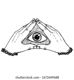 drittes Auge, ein mystisches Symbol in den Händen