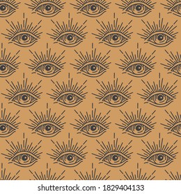 Third eye seamless pattern. Line art tattoo style vector illustration.