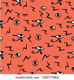 Third Eye Seamless pattern on bright pink.  Seamless Pattern. Psychedelic eyes. Egyptian, closed and opened eye, suspicious eye. Good for webs, fabric cover, books, textiles, etc.