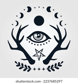 The third eye is surrounded by antlers crescent moon and stars, Halloween witchcraft vector print. 