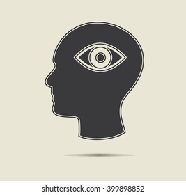 Third eye symbol in a head. Esoteric concept, vector icon.