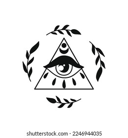 Third eye with triangle and floral elemetns vector illustration isolated on white background. Mystical symbol with all seeing eye.