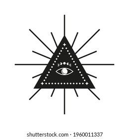 Third eye in triangle shape with starburst isolated on white background. Bohemian illustration. Eye of God. Alchemy esoteric talisman. Magical tarot card. Occult symbol.