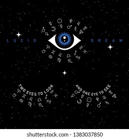 Third eye vector illustration on space background, two eyes to look, one eye to see