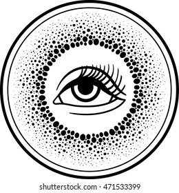 Third eye.Blackwork dotwork hand drawing line art Boho chic style. T-shirt, Hippie hipster tattoo design. All-seeing eye of providence.Occult mystical tribal symbol.Vector