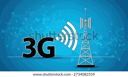Third generation mobile network technology with 3g text and telecommunications tower signal on blue background.