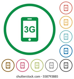 Third gereration mobile network flat color icons in round outlines on white background