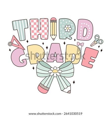 Third grade shirt design, Retro back to school, First day of school, Coquette teacher hand drawn vector illustration in flat style.