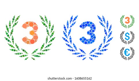 Third laurel wreath mosaic of circle elements in different sizes and shades, based on third laurel wreath icon. Vector circle elements are grouped into blue illustration.