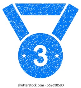 Third Medal grainy textured icon for overlay watermark stamps. Flat symbol with dirty texture. Dotted vector blue ink rubber seal stamp with grunge design on a white background.